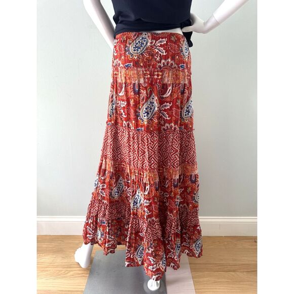Boho Red Paisley Patchwork Maxi Skirt Tiered Crinkle Elastic Waist size Large - Picture 2 of 8